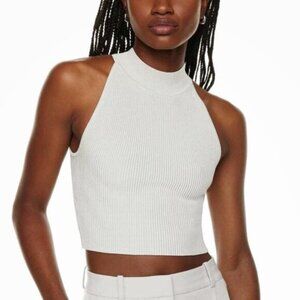 Aritzia Babaton Sculpt Rib-Knit Cropped Halter Top Size Large Matte Pearl
